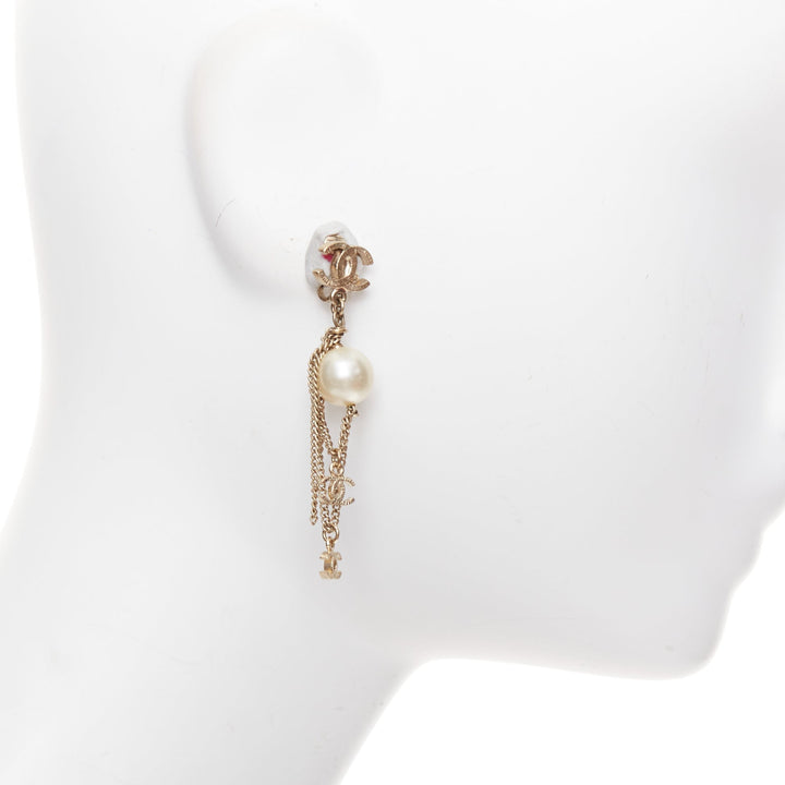 CHANEL 09A gold triple CC logo faux pearl PVC drop clip earrings Pair