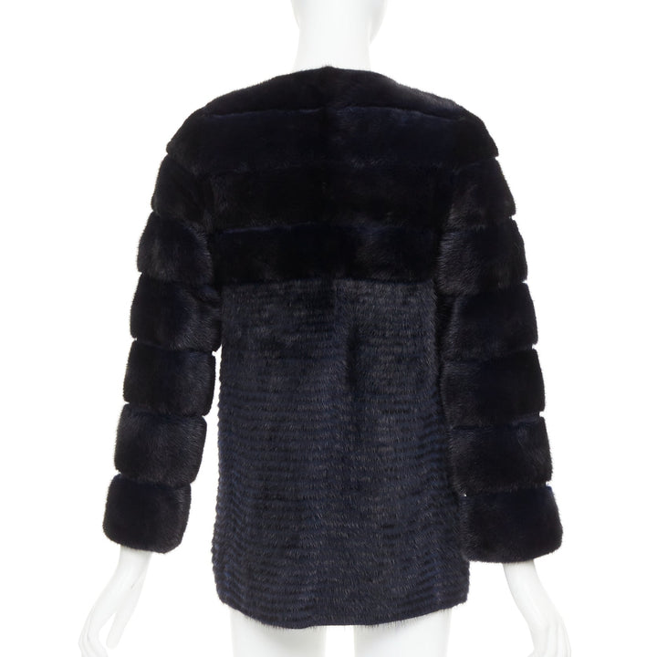 YVES SALOMON KIDS black navy horizontal mink fur work collarless coat Y12