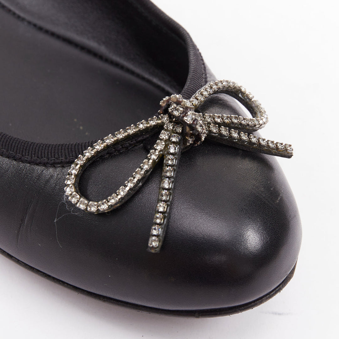 SAINT LAURENT Seta black leather rhinestone crystal bow ballerina flats EU37