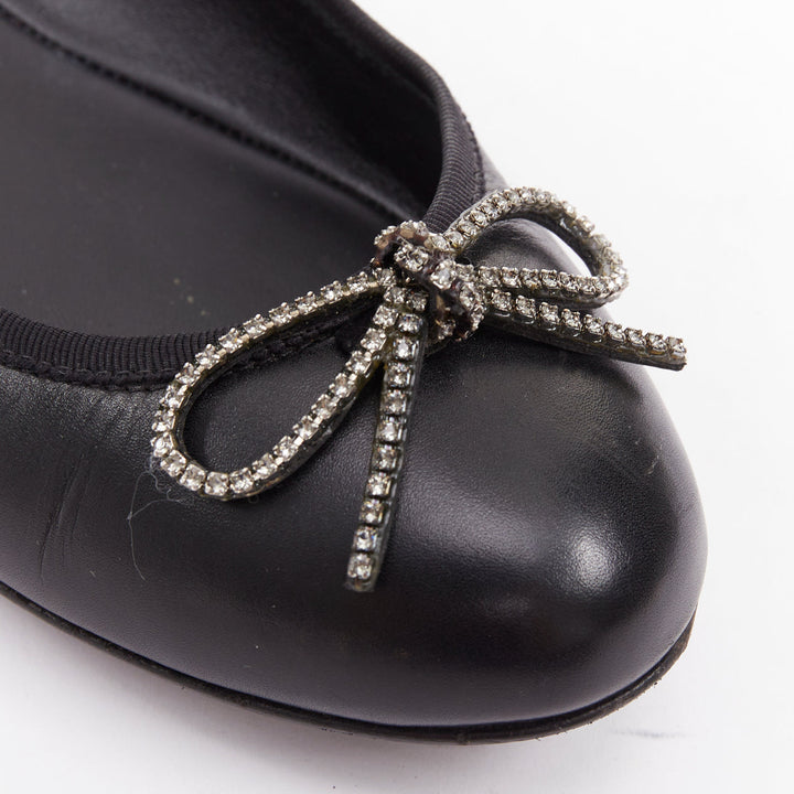 SAINT LAURENT Seta black leather rhinestone crystal bow ballerina flats EU37