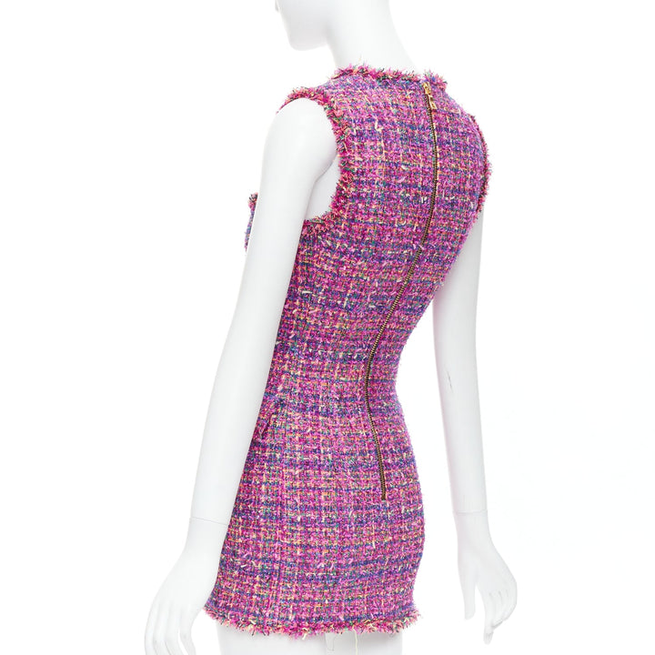 BALMAIN multicolor pink tweed black velvet buttons vest dress FR34 XS