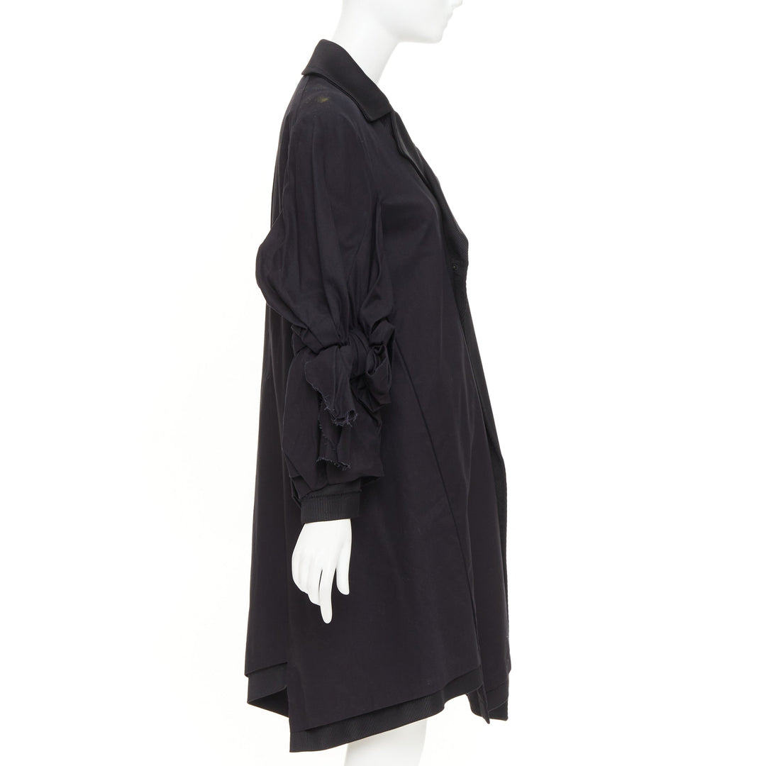COMME DES GARCONS 2021 black twill cotton ruffled bow sleeve asymmetric coat S