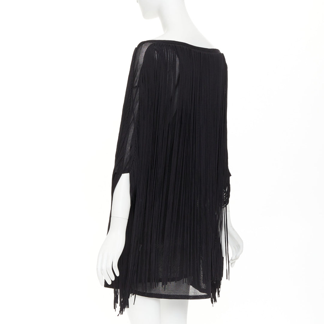 3.1 PHILLIP LIM black rayon long fringe bateau neck sheer overlay mini dress M