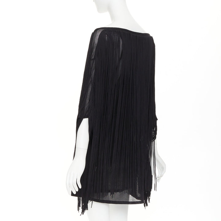 3.1 PHILLIP LIM black rayon long fringe bateau neck sheer overlay mini dress M