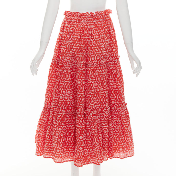 LISA MARIE FERNANDEZ red cotton white embroidery eyelet ruffle midi skirt US2 S