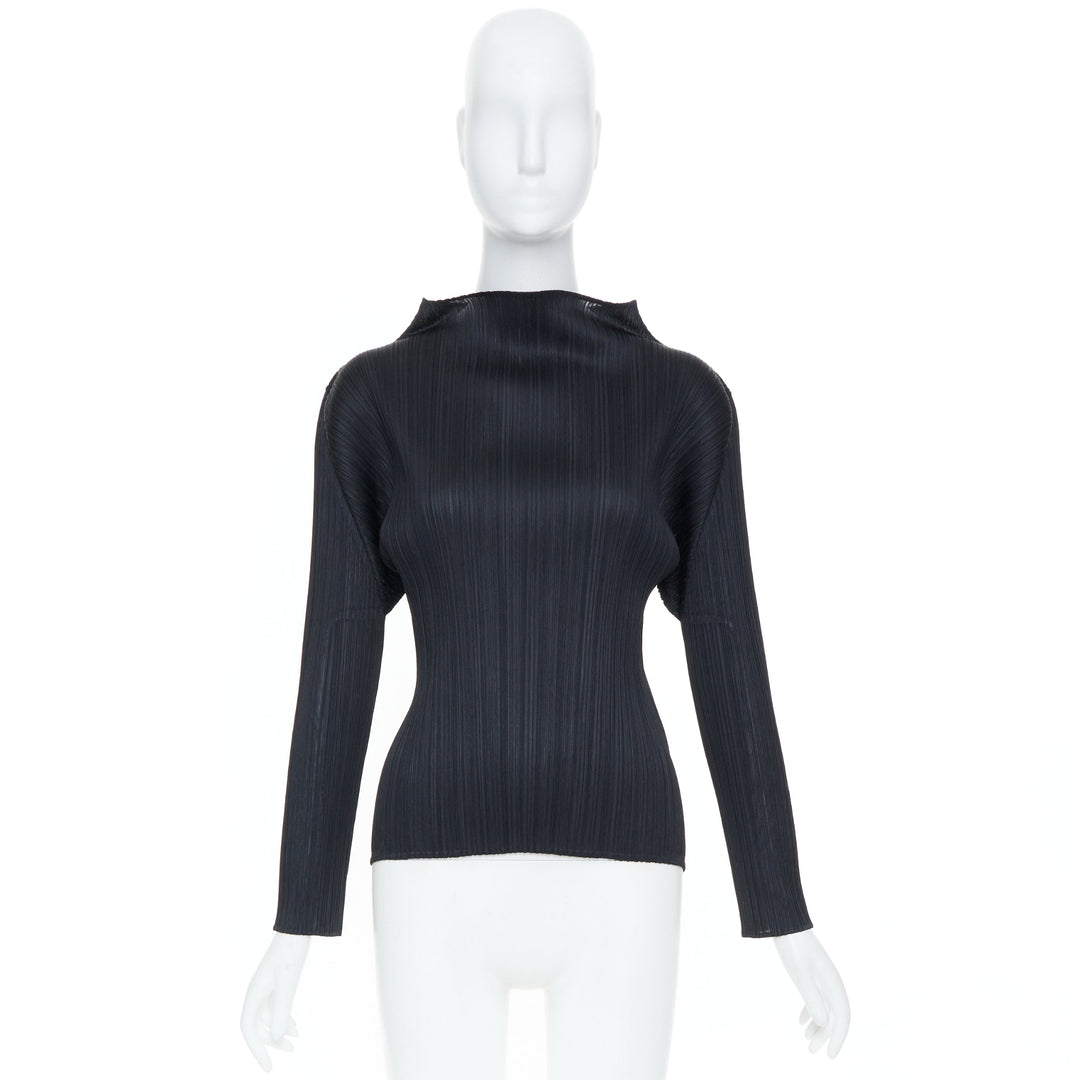 ISSEY MIYAKE Pleats Please black plisse angular mock neck top JP3 L