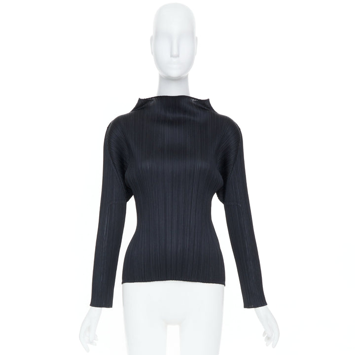 ISSEY MIYAKE Pleats Please black plisse angular mock neck top JP3 L