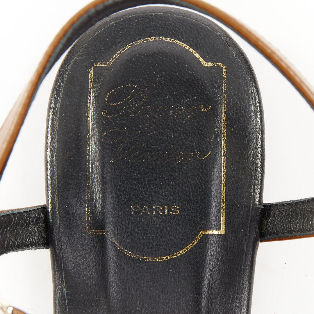 ROGER VIVIER Chips brown leather gold buckle tstrap comfort thong sandals EU37