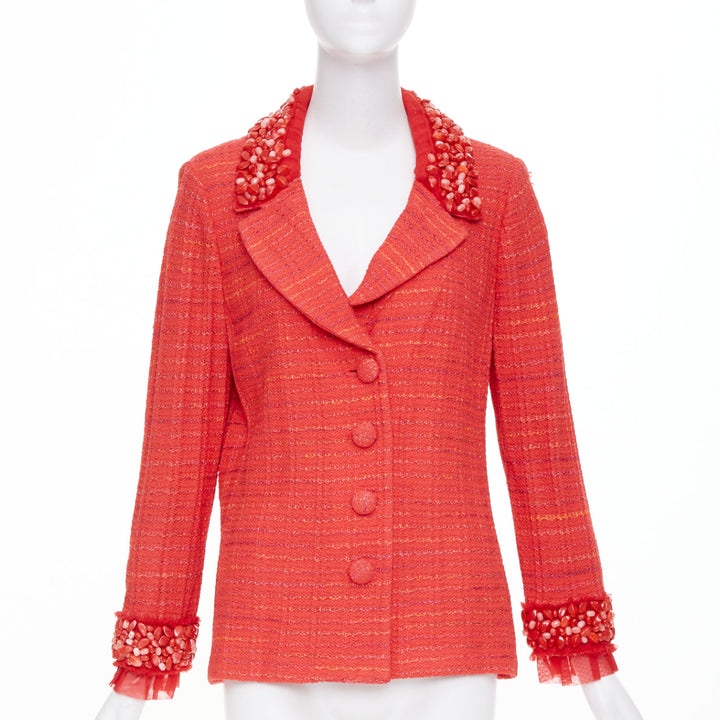 ST JOHN COUTURE red purple tweed stone embellished blazer US12 2XL