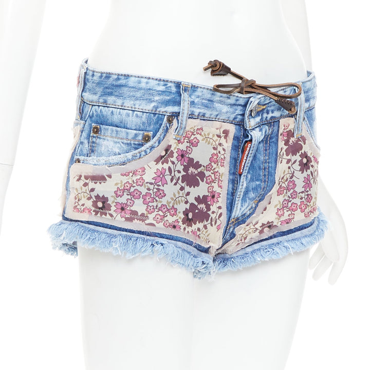 DSQUARED2 pink floral patch blue denim logo cut off mini shorts IT38 XS