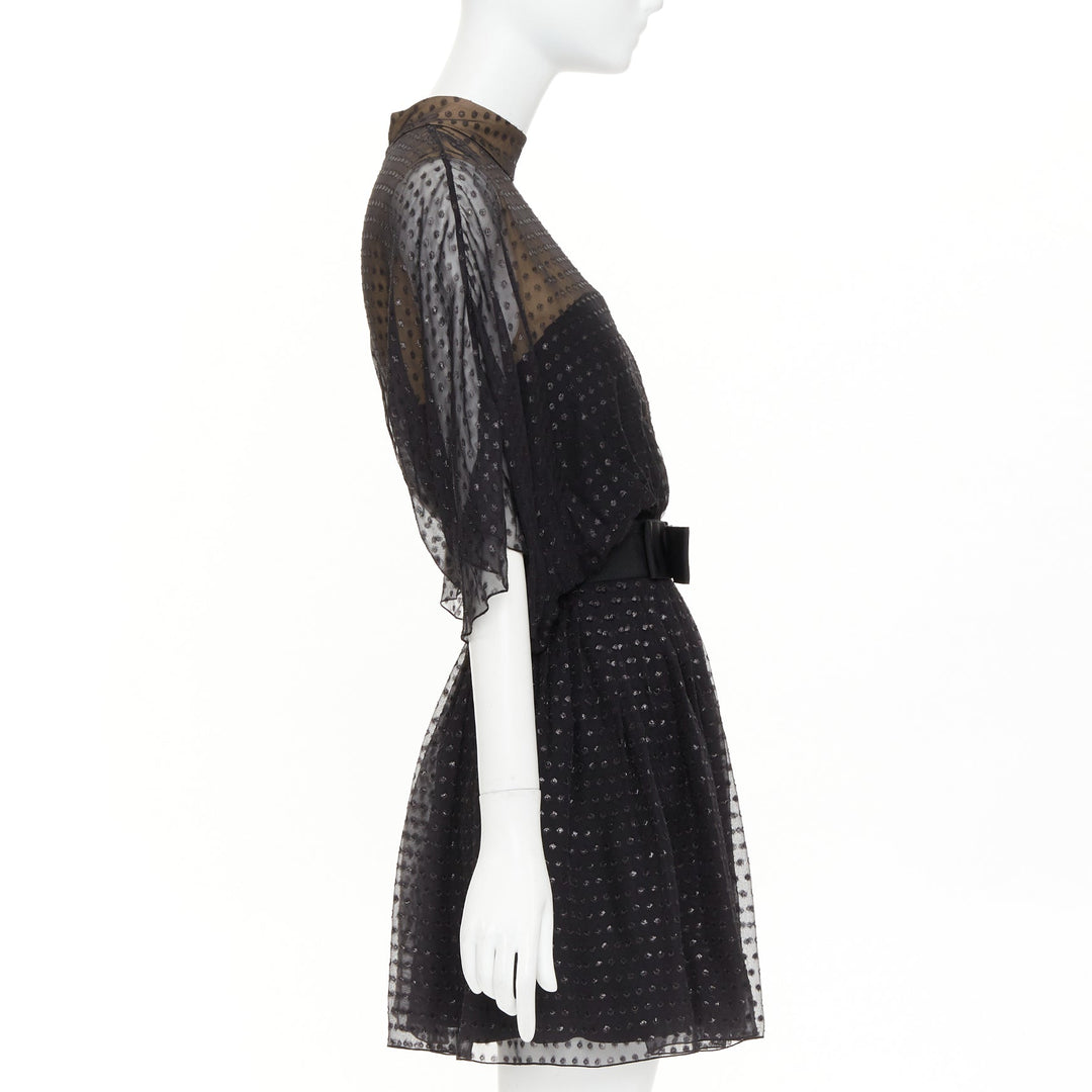 SAINT LAURENT 2014 black polka dot lurex semi sheer bow belt silk dress FR36 XS