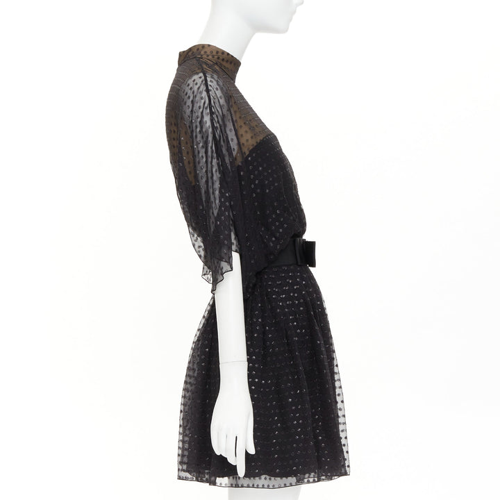 SAINT LAURENT 2014 black polka dot lurex semi sheer bow belt silk dress FR36 XS