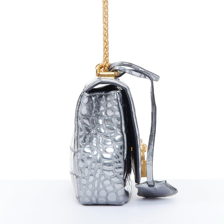 VERSACE 2018 Icon Medusa padlock metallic silver scaled leather crossbody bag