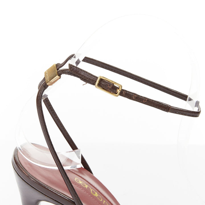 SERGIO ROSSI brown croc embossed leather high heel ankle strap pumps EU37 US7