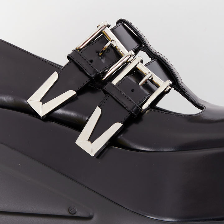 VERSACE Anthem Maryjane black calf leather double buckle platform brogue EU36