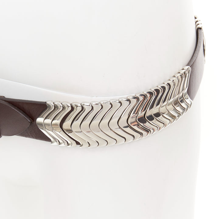 ISABEL MARANT 2021 Tehora dark brown calfskin leather silver chevron belt 85cm