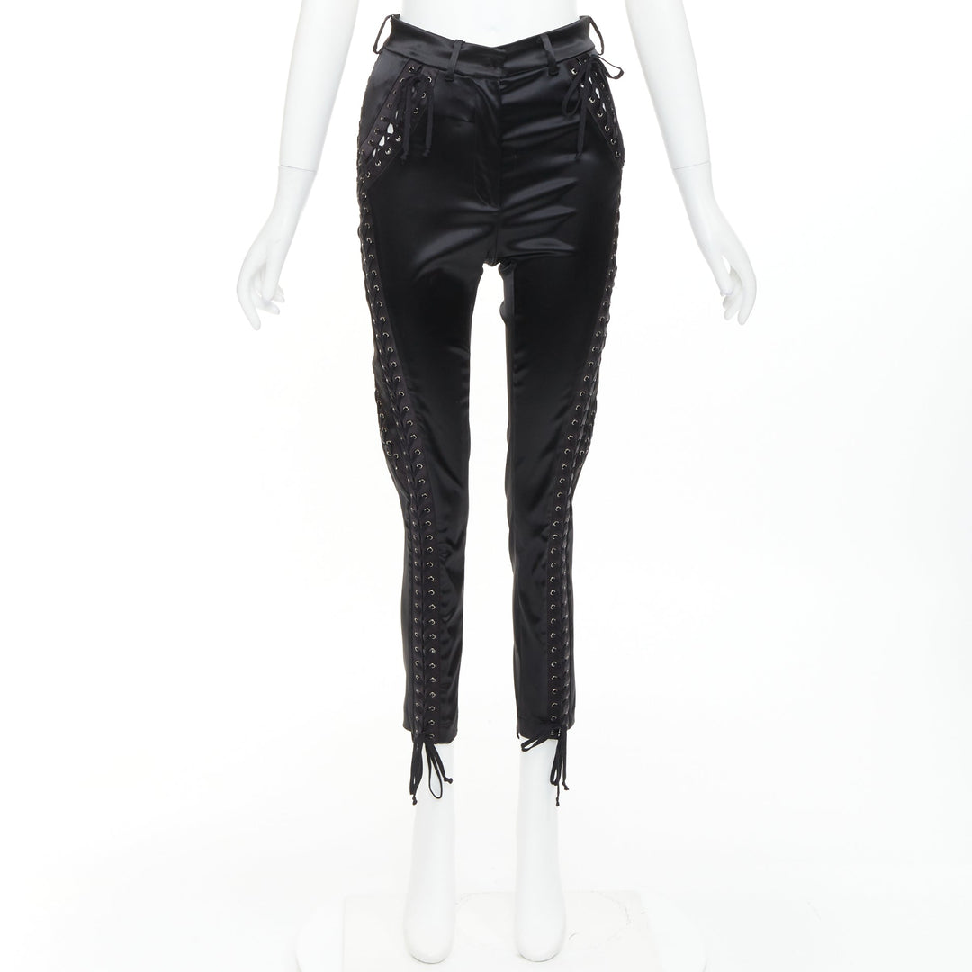 DOLCE GABBANA black satin eyelet corset lace detail cropped skinny pants IT38 XS