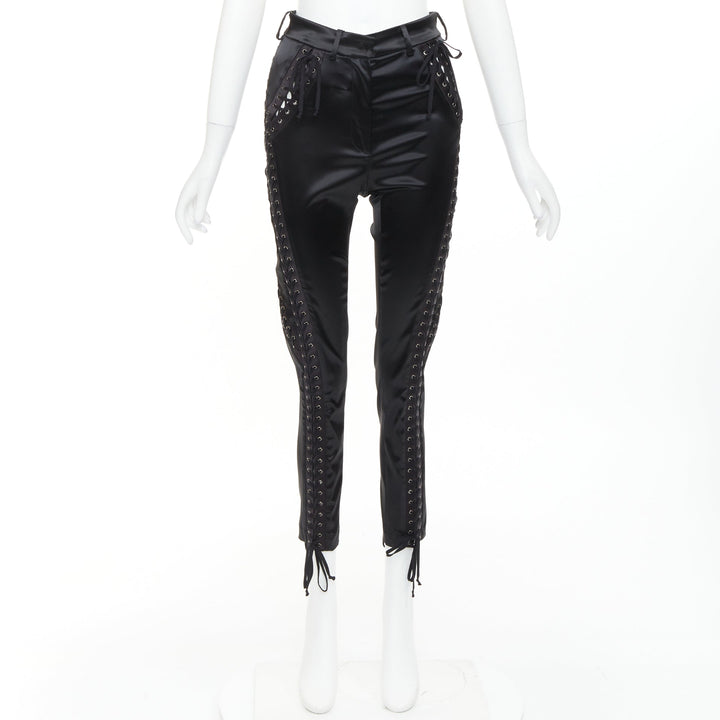 DOLCE GABBANA black satin eyelet corset lace detail cropped skinny pants IT38 XS