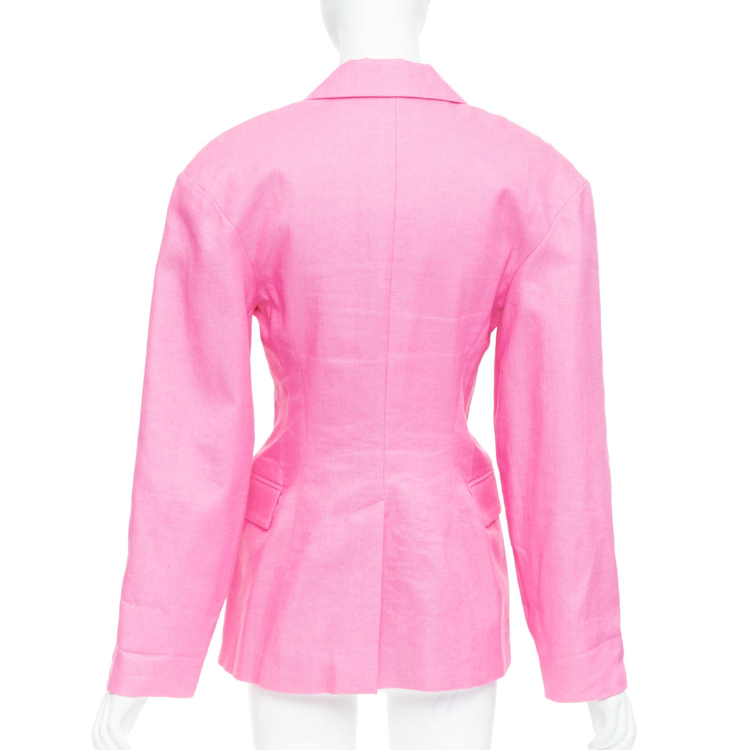 JACQUEMUS Le Splash Fresa hot pink linen twill fitted waist blazer FR36 S