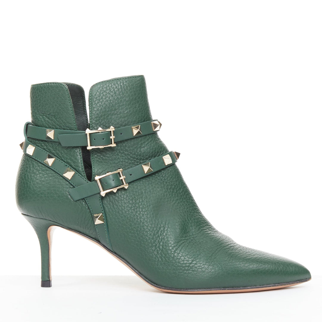 VALENTINO Rockstud green pebbled calf leather gold stud harness ankle boots EU37