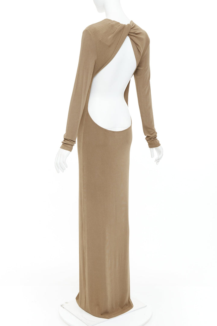 SAINT LAURENT 2024 beige viscose blend knit knot open back gown dress M