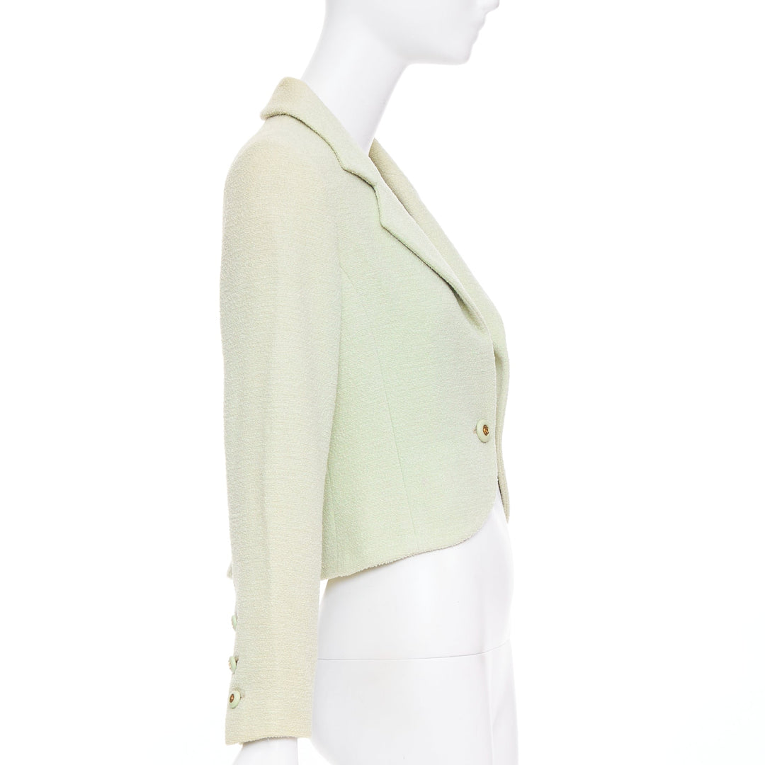 CHANEL 94P Vintage mint green boucle wool chain buttons cropped jacket FR42 XL