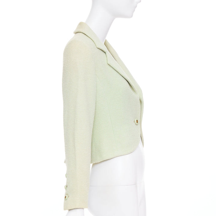 CHANEL 94P Vintage mint green boucle wool chain buttons cropped jacket FR42 XL