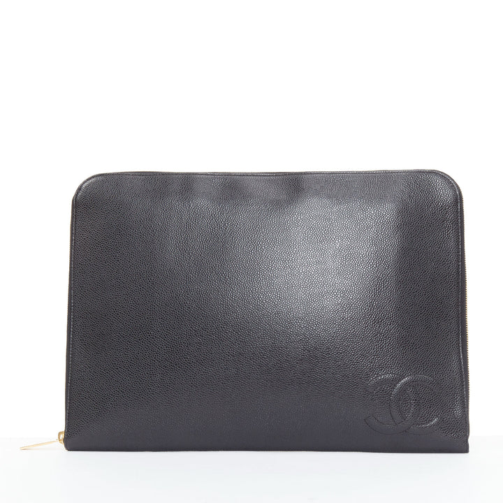 CHANEL 2014 Timeless CC Portfolio Pouch black leather embossed tech clutch bag