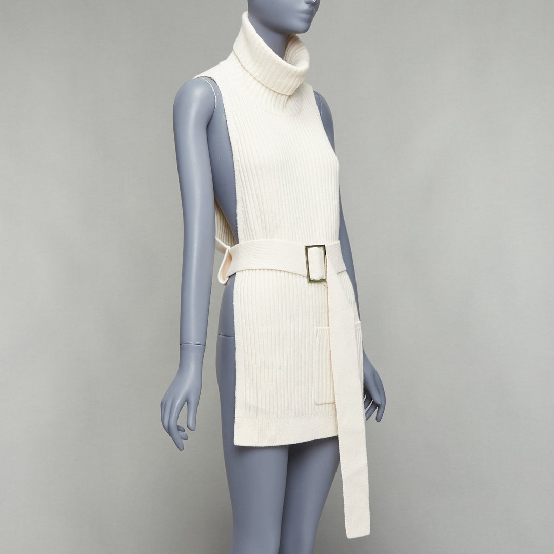 TIBI 100% merino wool cream ribbed belted side cut out funnel collar vest XS