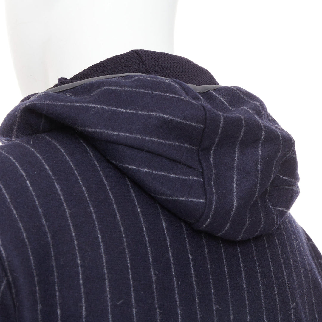 SEASE Drone Hood navy virgin wool cashmere pinstripe trimmed hoodie S