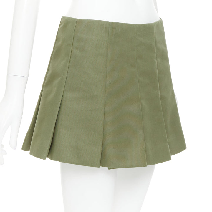 PRADA 2023 khaki green nylon canvas triangle logo plate pleated skirt IT38 XS