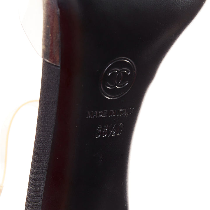 CHANEL 2013 Runway black satin clear PVC plexi CC logo cap toe pump EU38.5