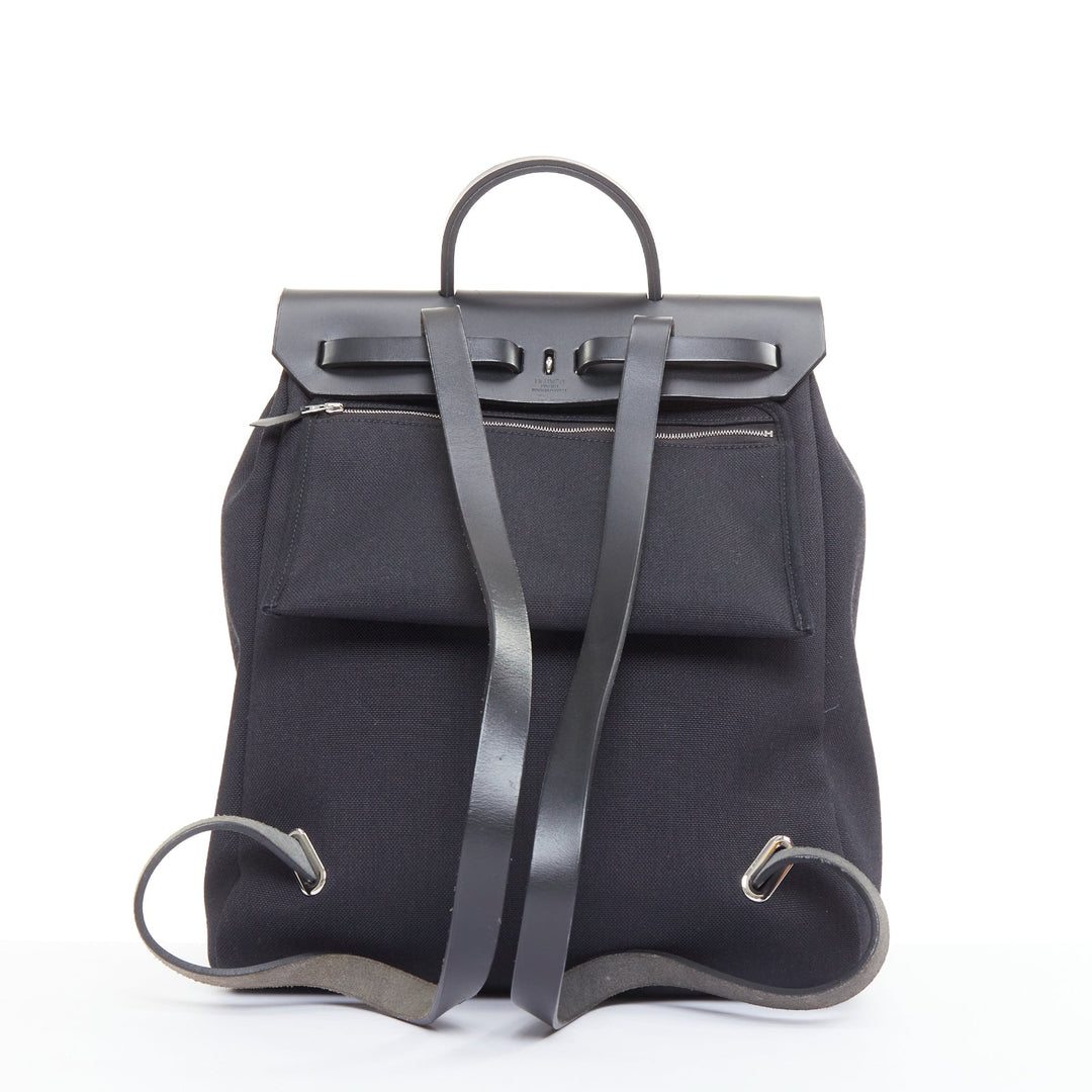 HERMES Herbag A Dos Backpack 2-in-1 black toile canvas vache calfskin bag