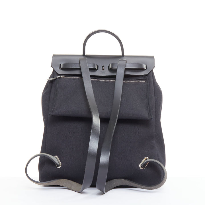 HERMES Herbag A Dos Backpack 2-in-1 black toile canvas vache calfskin bag