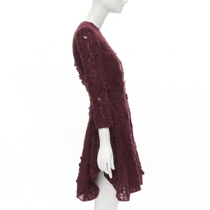 GIAMBATTISTA VALLI burgundy red floral 3D lace fit flared cocktail dress XS