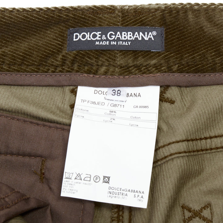 DOLCE GABBANA khaki corduroy DG crest buttons flared pants IT38 XS