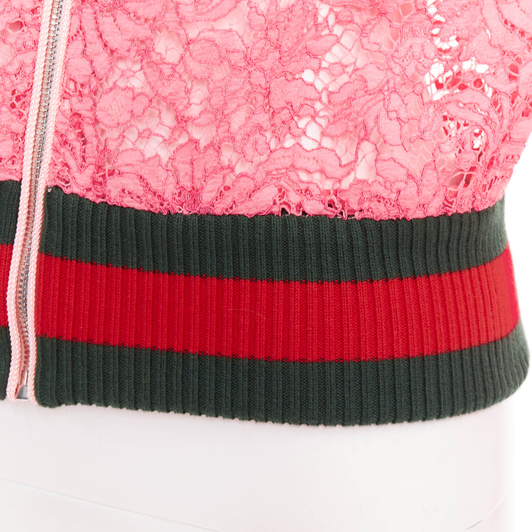 GUCCI 2015 Michele pink floral lace vintage web bomber jacket IT40 S