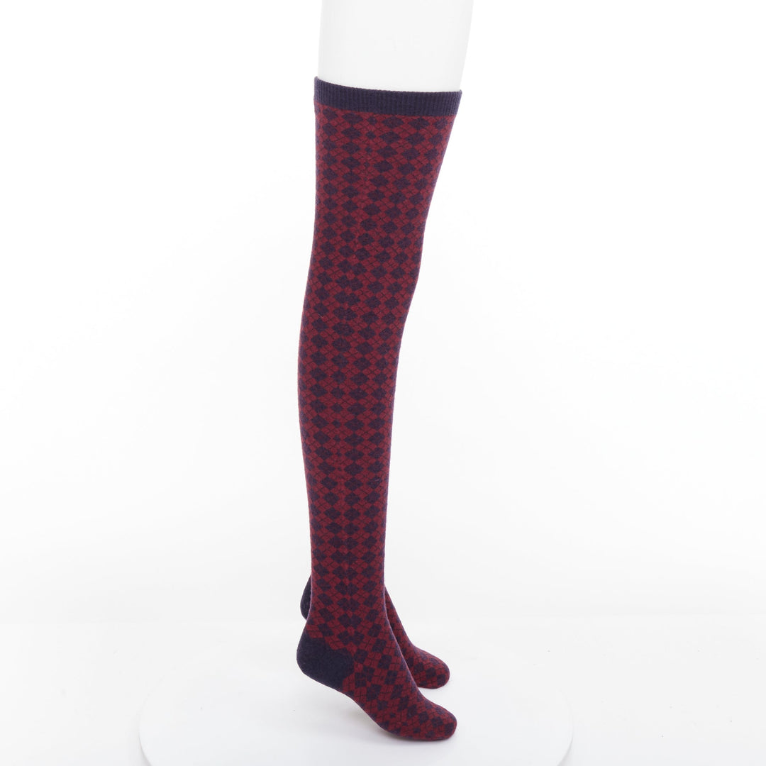 CHANEL red navy wool CC logo button checked wool thigh high socks M