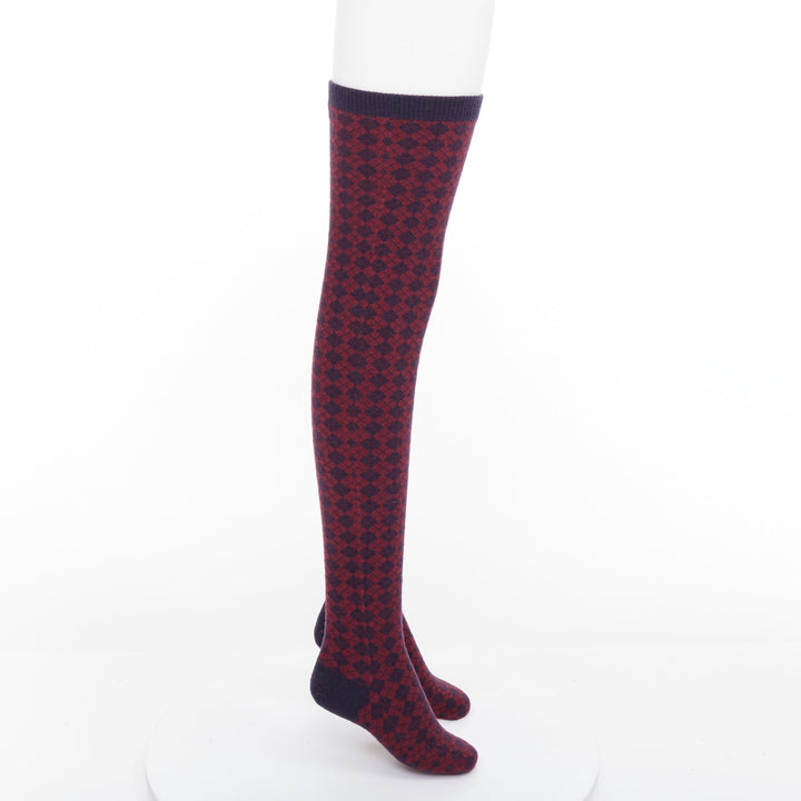 CHANEL red navy wool CC logo button checked wool thigh high socks M