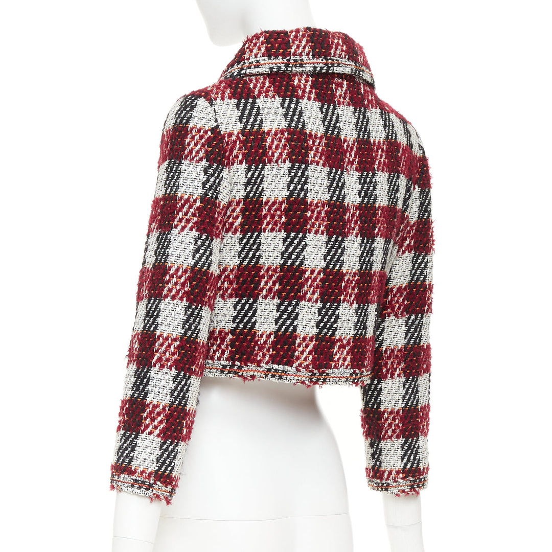 CHANEL 16A Runway burgundy checked tweed cropped zip-up jacket FR40 M