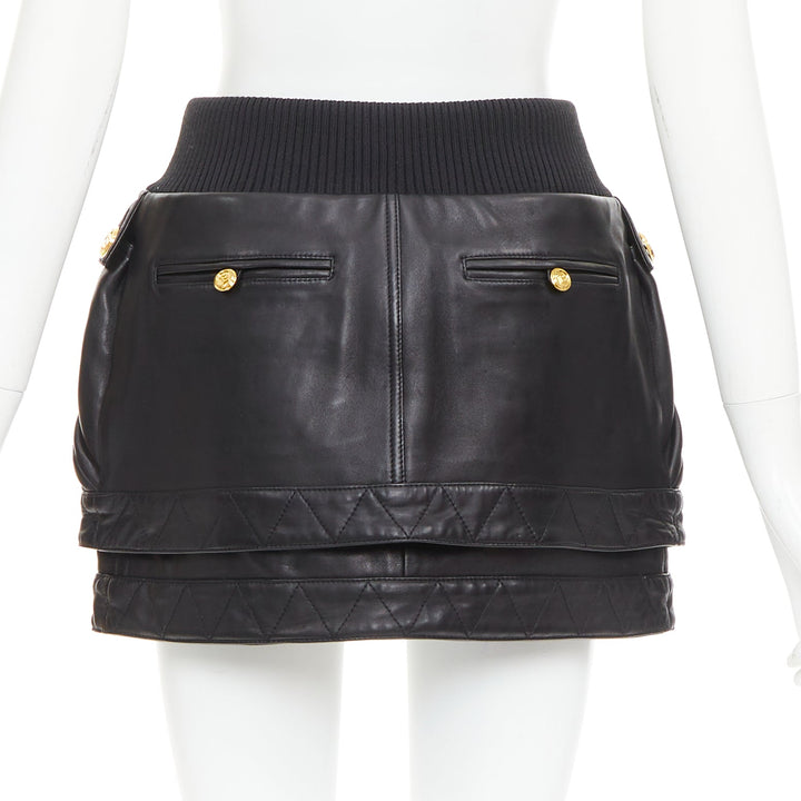 rare BALMAIN black lambskin leather gold B logo button bomber mini skirt FR34 XS