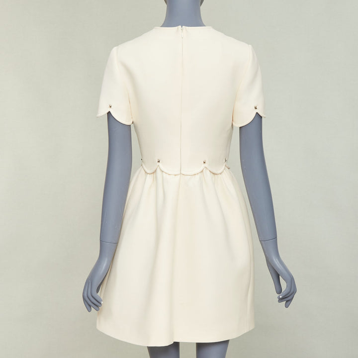 VALENTINO ivory Crepe Couture silver Rockstud scalloped Bambolina dress IT42 M