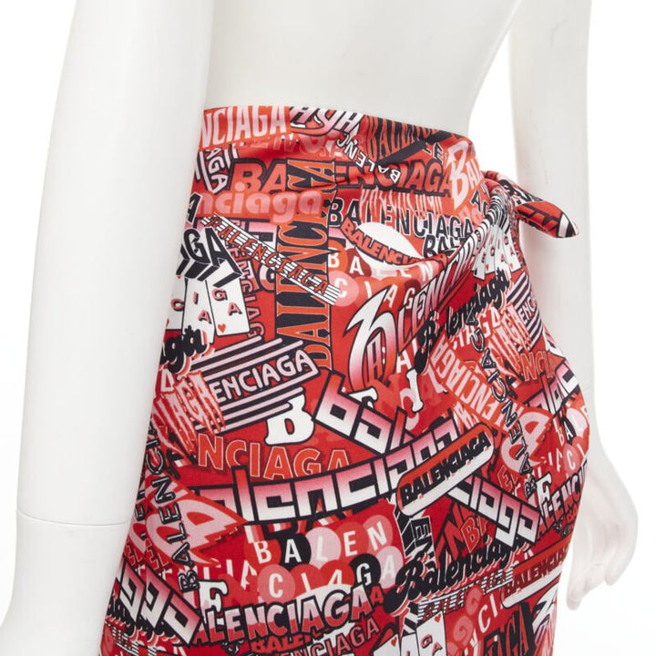 BALENCIAGA Demna 2019 Runway red logo print wrap tie maxi skirt FR38 M