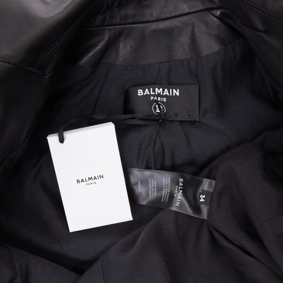 BALMAIN black lambskin leather gold buttons Pagoda shoulders jacket FR34 XS