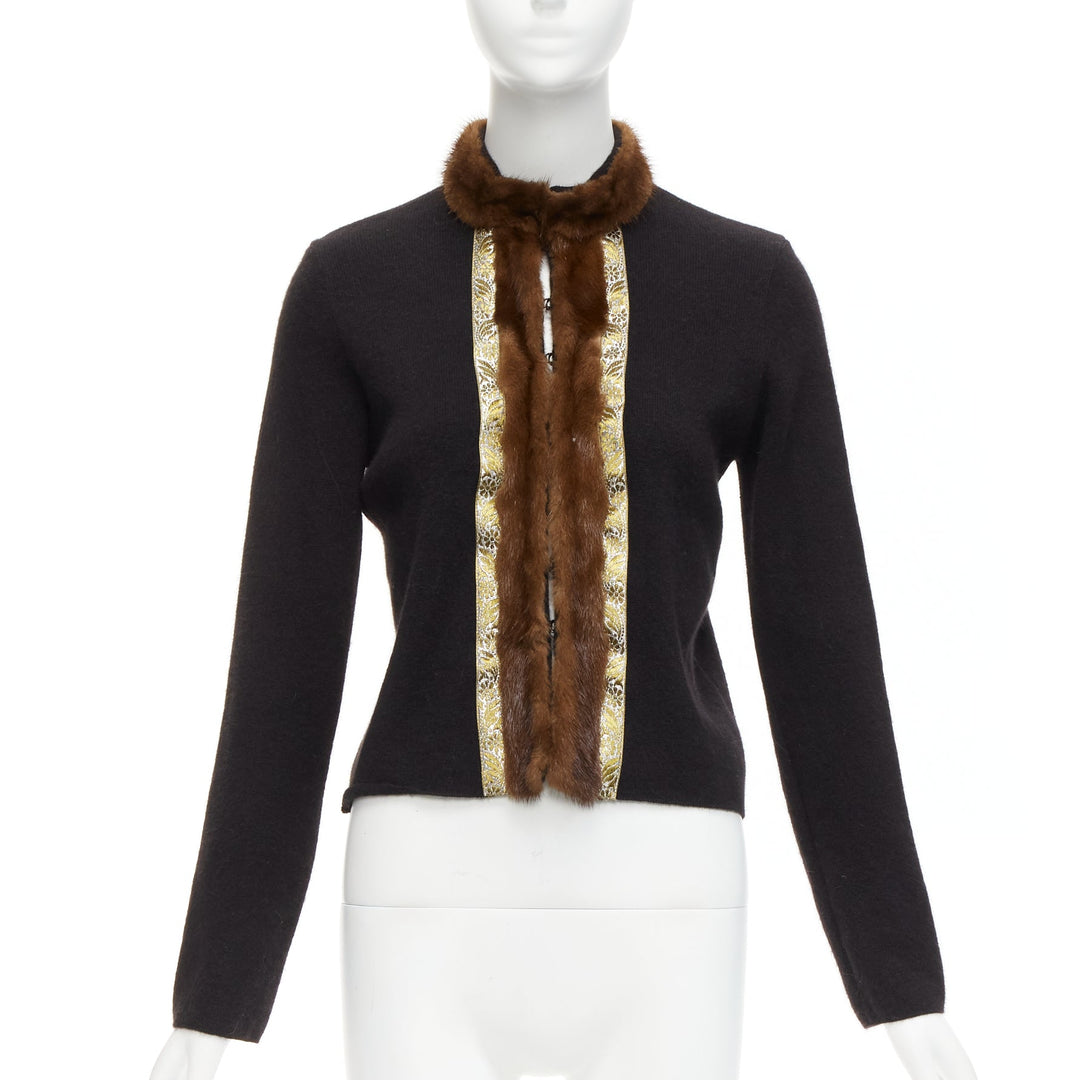 ETRO brown fur collar gold applique trim black wool cardigan IT42 M