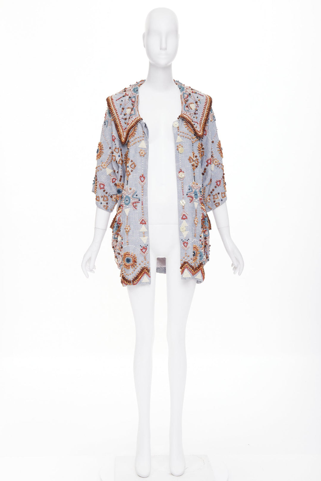 rare MATTHEW WILLIAMSON blue geometric wood bead pearl embellished coat UK12 L