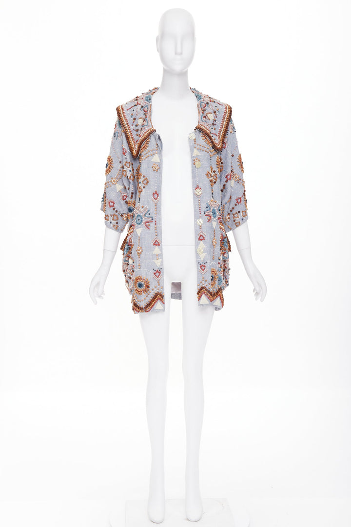 rare MATTHEW WILLIAMSON blue geometric wood bead pearl embellished coat UK12 L