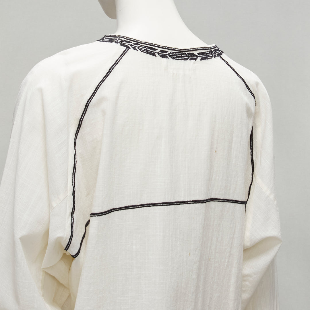 ISABEL MARANT ETOILE black embroidery cream cotton pocketed boho top FR36 S