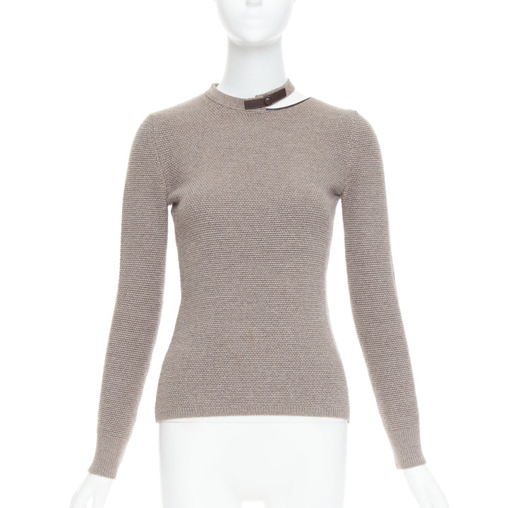 TOM FORD taupe fleece wool blend cut out leather collar sweater S