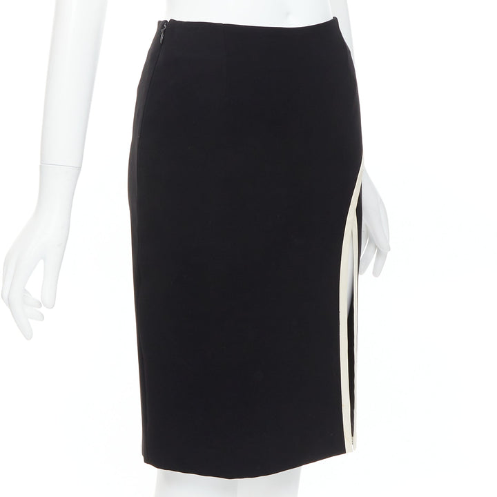LANVIN 2017 Cady black cream trim front slit high waist pencil skirt FR34 XS